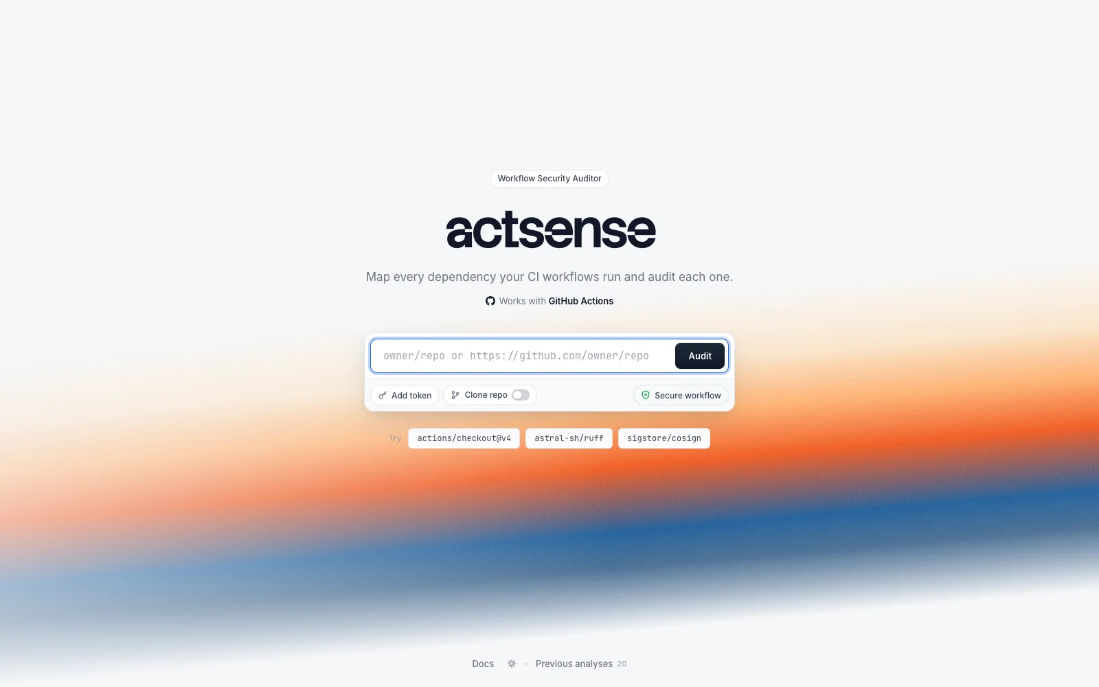 The actsense start screen with the audit input, token and clone options, and example audits