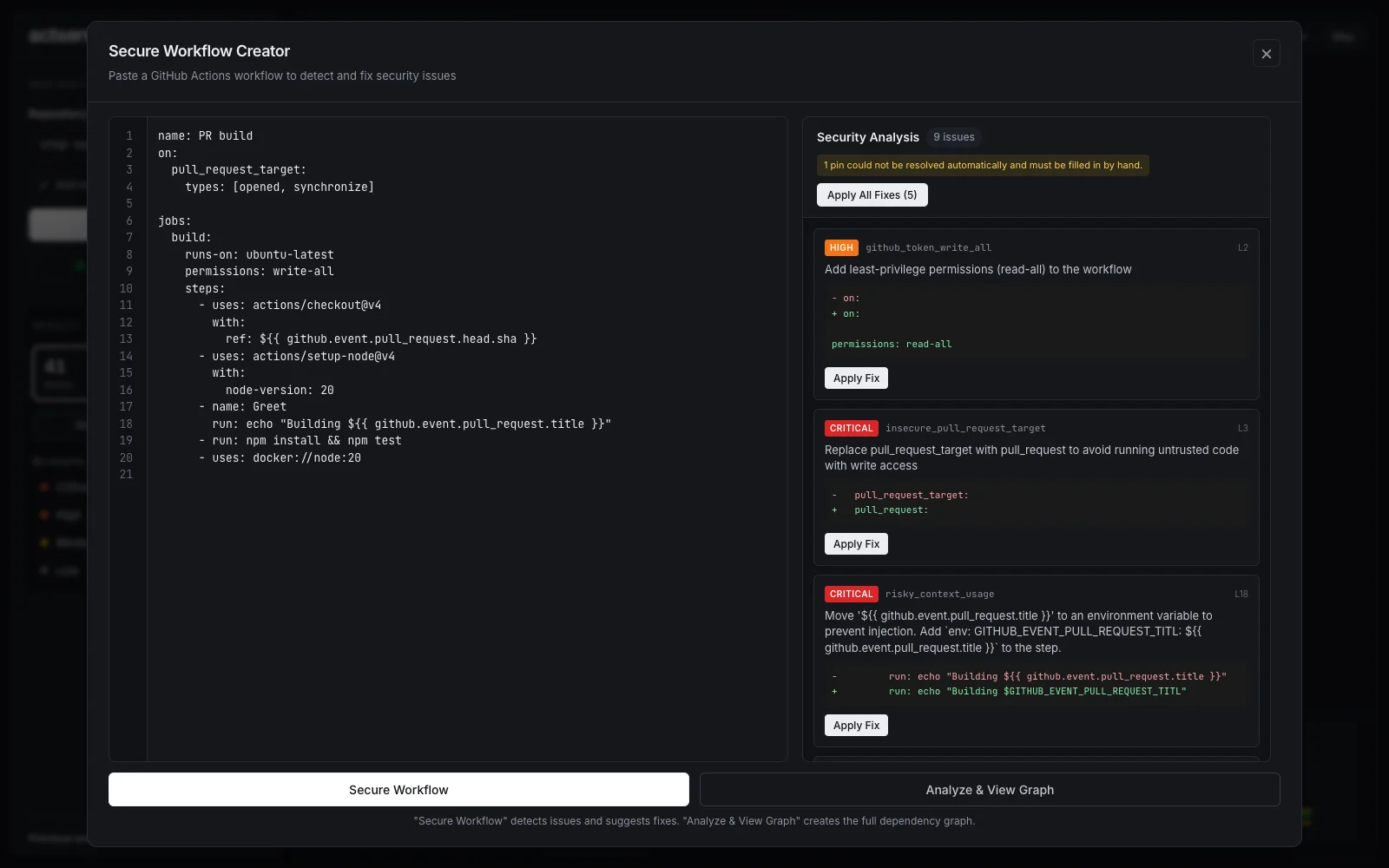 The Secure Workflow Creator with a pasted workflow on the left and suggested fixes with diffs on the right